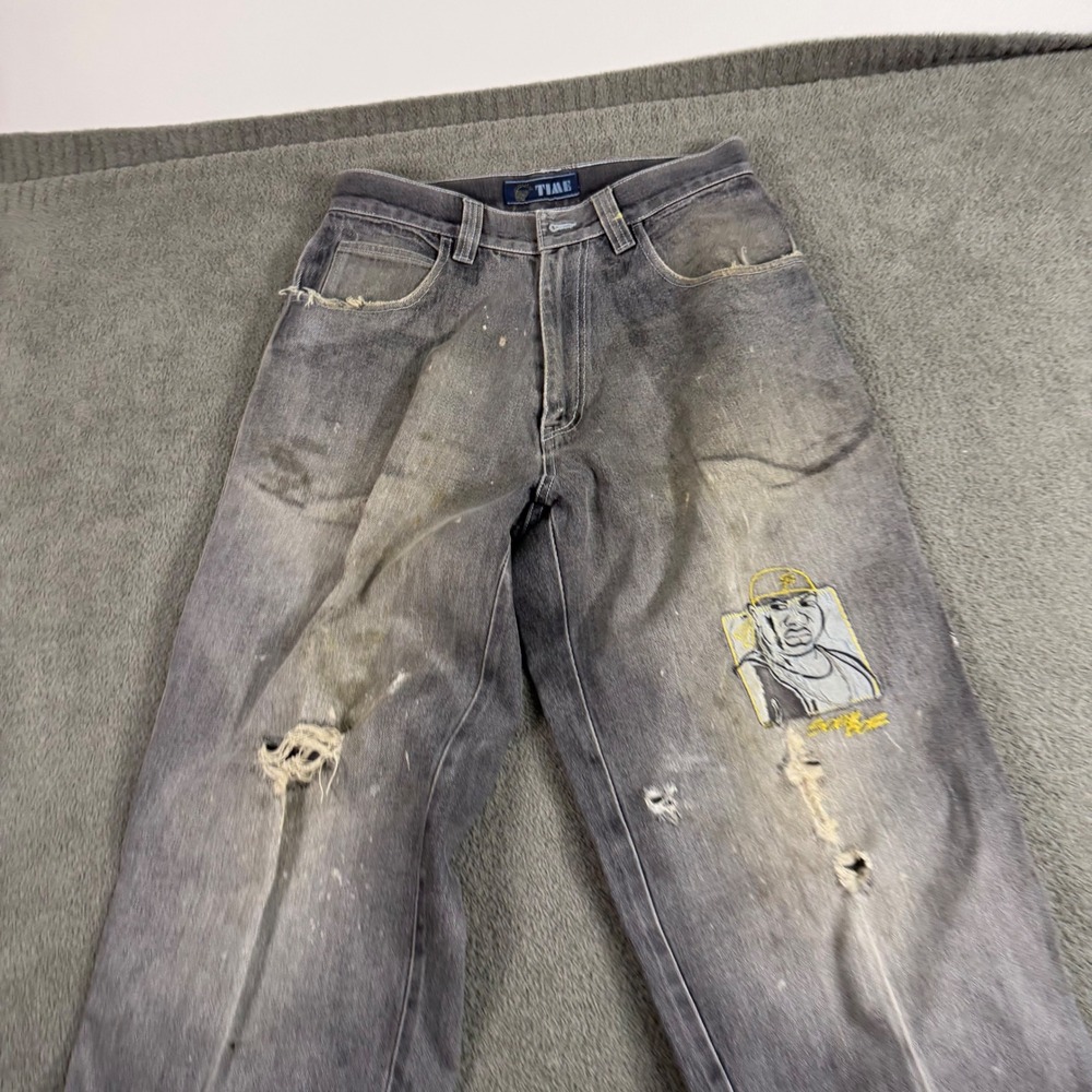 Vintage Time Grey Distressed Carpenter Jeans Embroidered Graphic Wide Leg 34x33